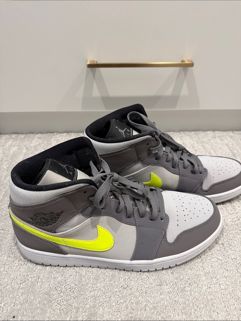 Nike Air Jordan Mid-Top Sneakers - Gray with Neon Yellow Swoosh. No box.
